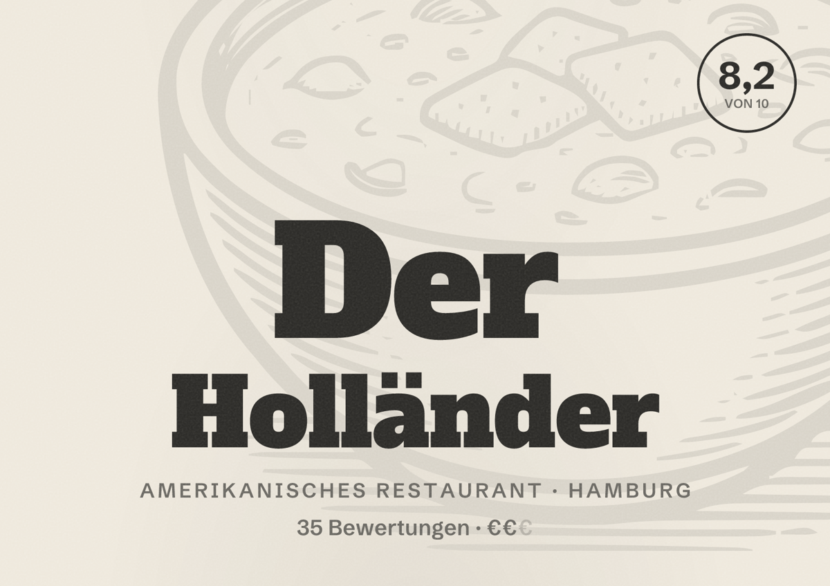 Illustriertes Poster von Der Holländer, Amerikanisches Restaurant in Hamburg: Bewertung 8,2 von 10 aus 35 Bewertungen, Preisniveau €€