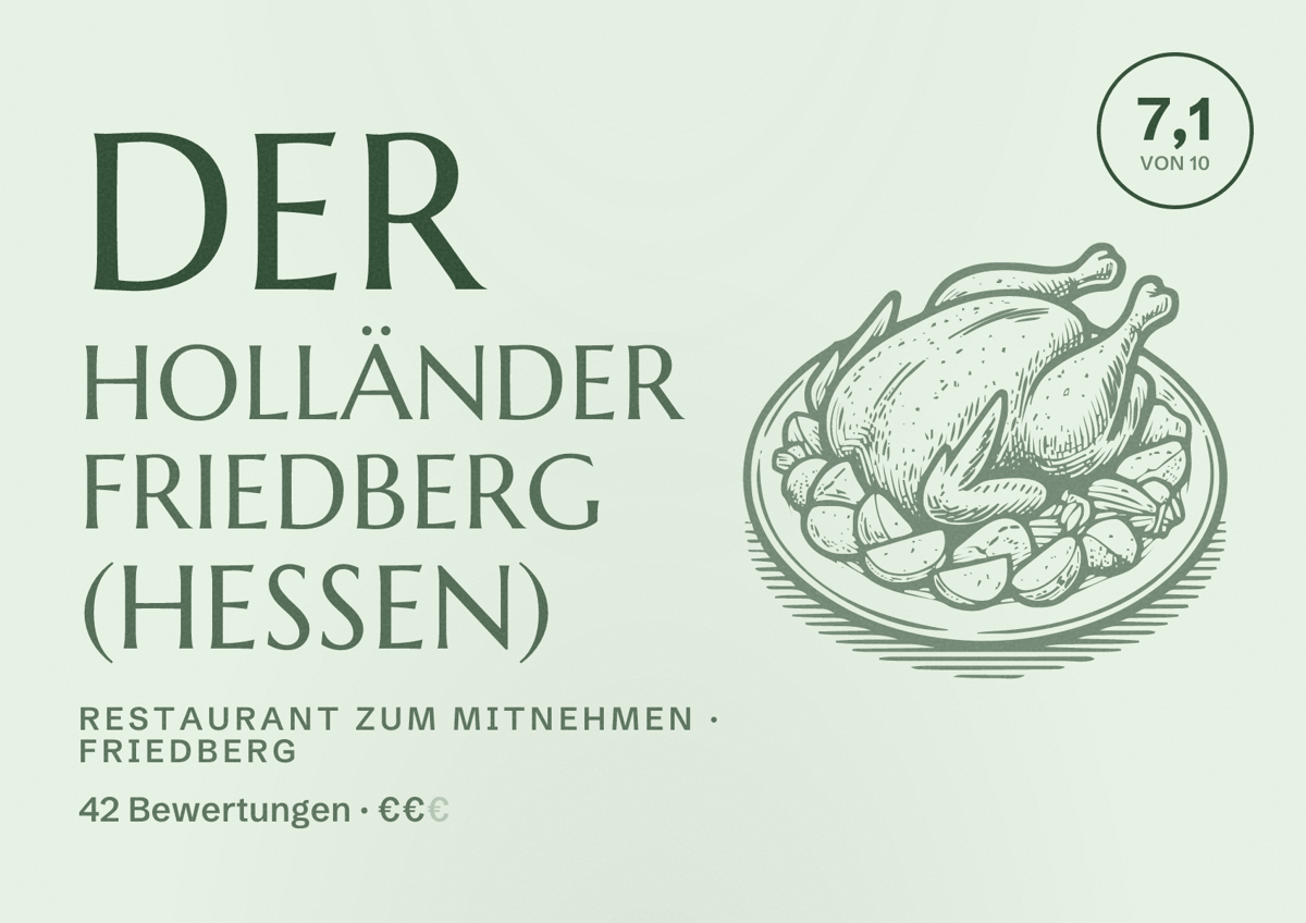 Illustriertes Poster von Der Holländer Friedberg (Hessen), Restaurant zum Mitnehmen in Friedberg: Bewertung 7,1 von 10 aus 42 Bewertungen, Preisniveau €€
