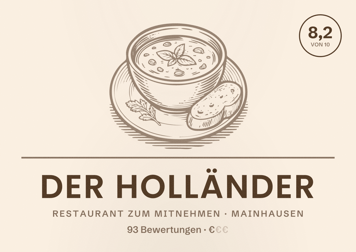 Illustriertes Poster von Der Holländer, Restaurant zum Mitnehmen in Mainhausen: Bewertung 8,2 von 10 aus 93 Bewertungen, Preisniveau €