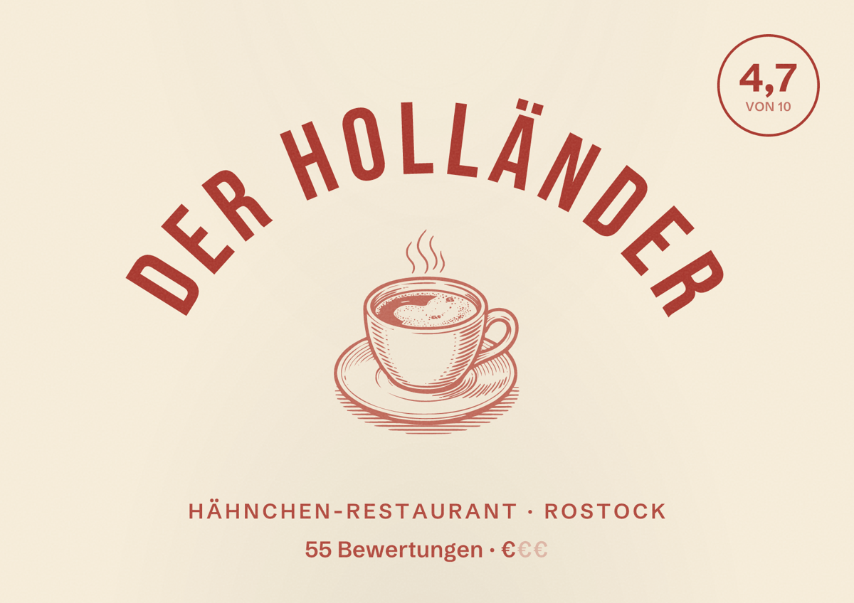 Illustriertes Poster von Der Holländer, Hähnchen-Restaurant in Rostock: Bewertung 4,7 von 10 aus 55 Bewertungen, Preisniveau €