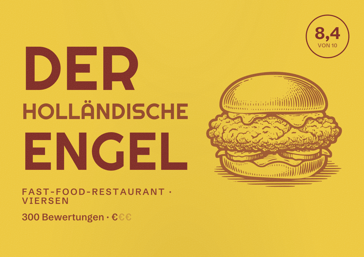 Illustriertes Poster von Der Holländische Engel, Fast-Food-Restaurant in Viersen: Bewertung 8,4 von 10 aus 300 Bewertungen, Preisniveau €