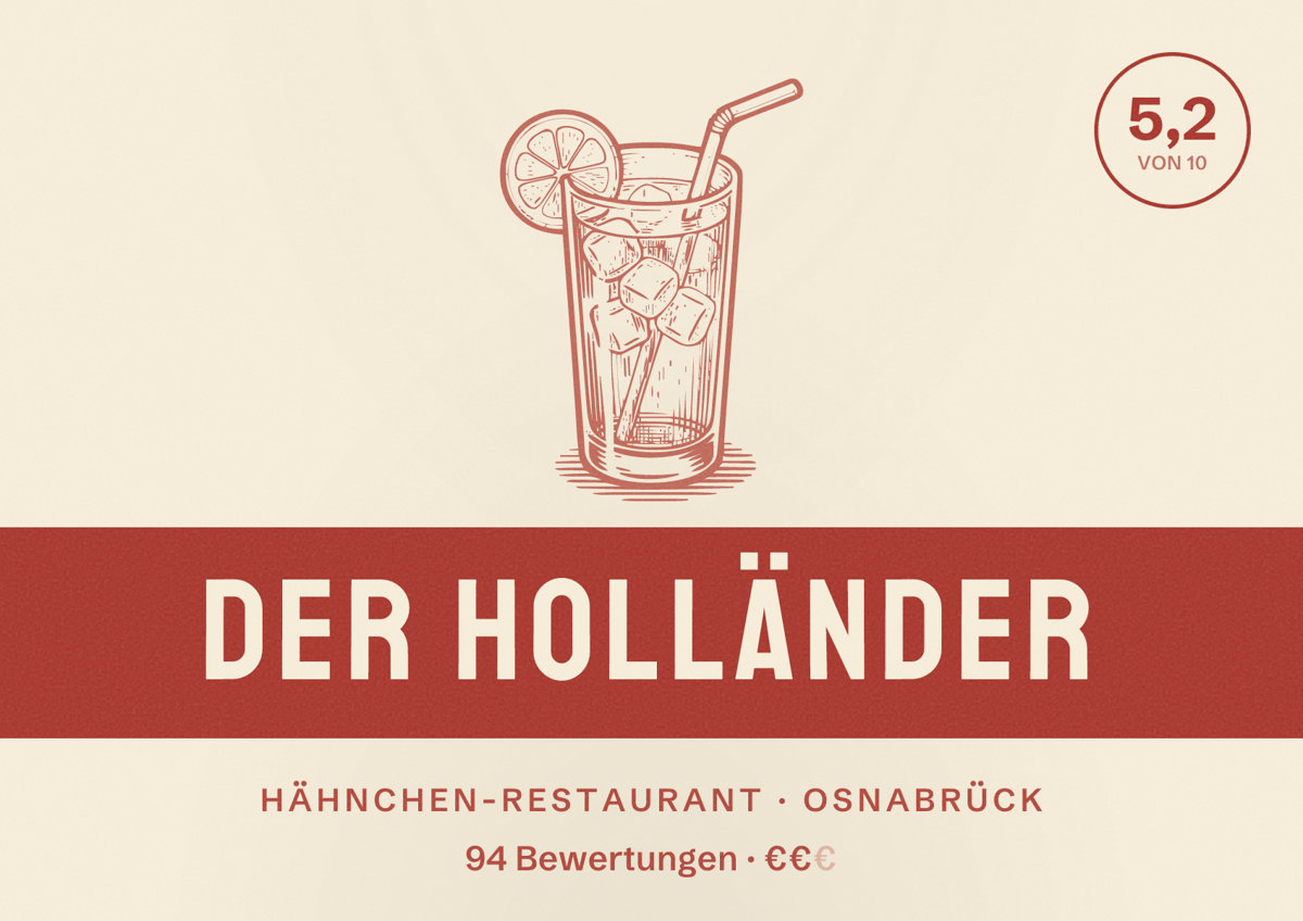 Illustriertes Poster von Der Holländer, Hähnchen-Restaurant in Osnabrück: Bewertung 5,2 von 10 aus 94 Bewertungen, Preisniveau €€