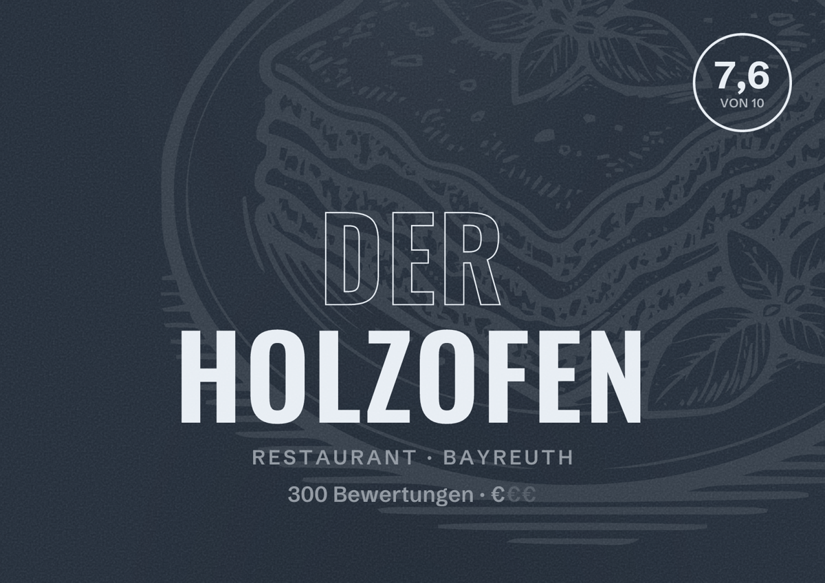 Illustriertes Poster von Der Holzofen, Restaurant in Bayreuth: Bewertung 7,6 von 10 aus 300 Bewertungen, Preisniveau €