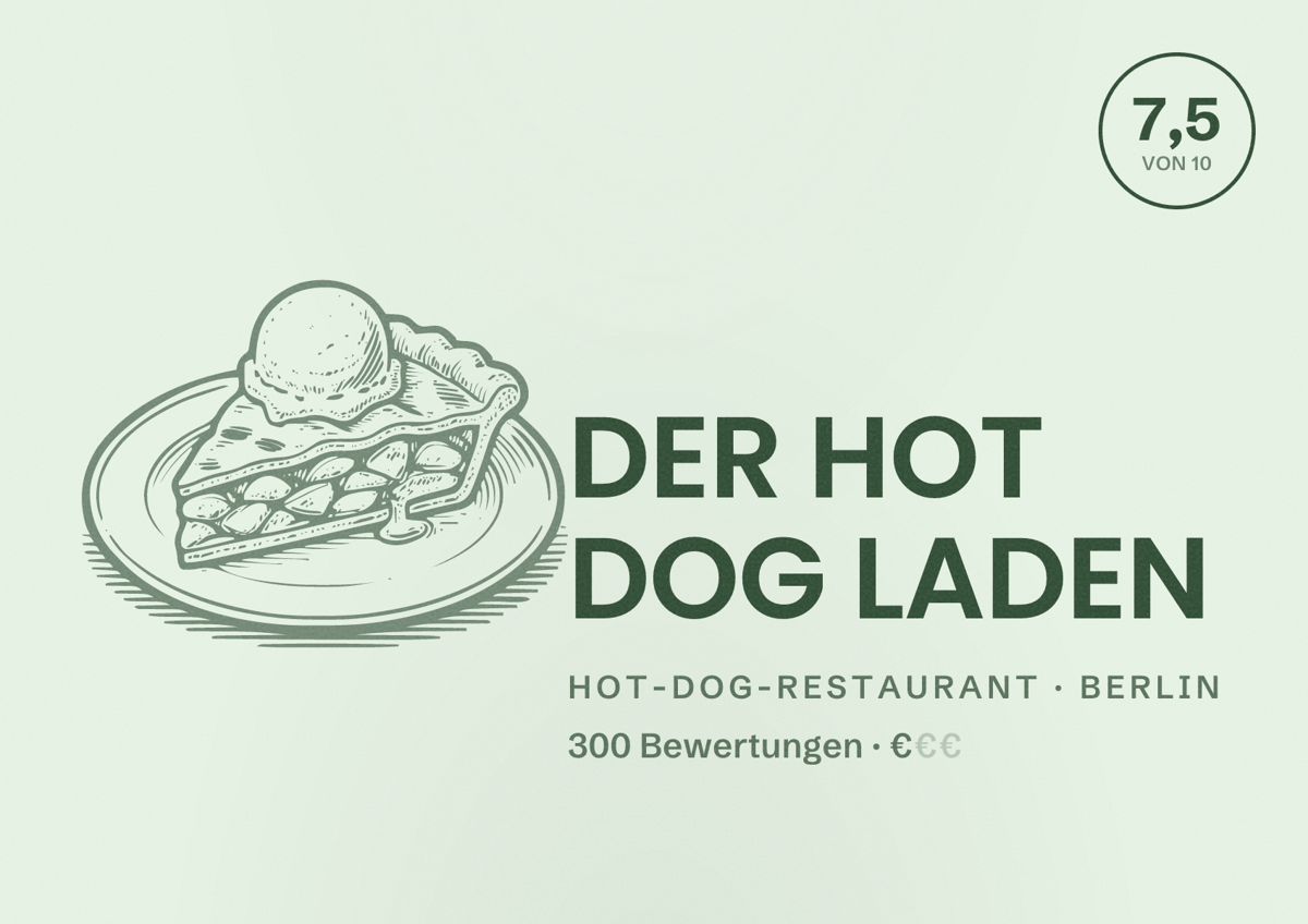 Illustriertes Poster von DER HOT DOG LADEN, Hot-Dog-Restaurant in Berlin: Bewertung 7,5 von 10 aus 300 Bewertungen, Preisniveau €