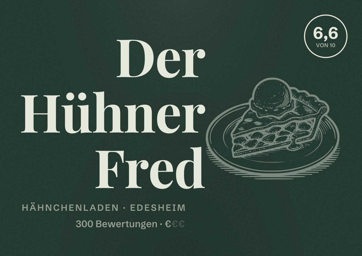 Illustriertes Poster von Der Hühner Fred, Hähnchenladen in Edesheim: Bewertung 6,6 von 10 aus 300 Bewertungen, Preisniveau €