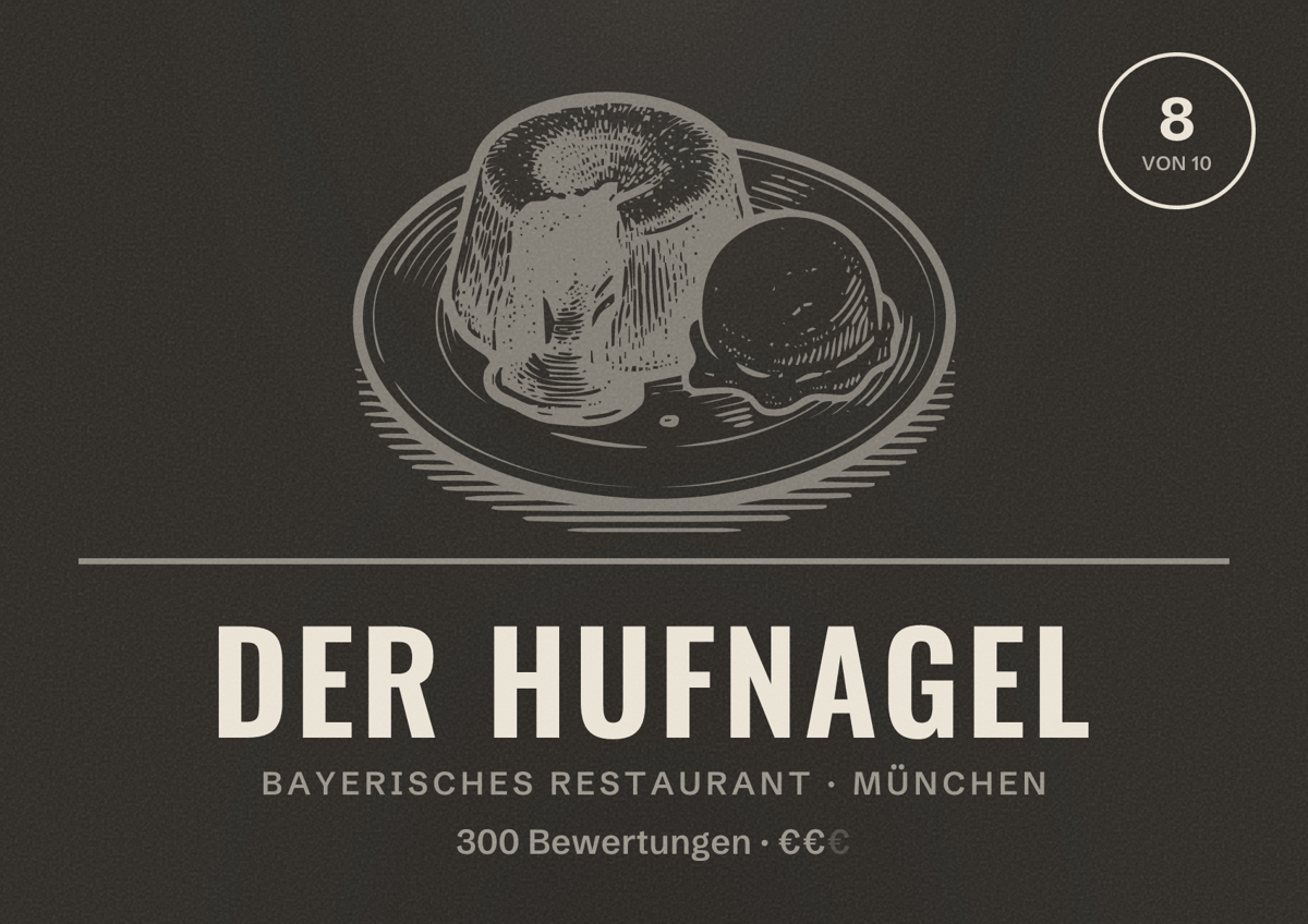 Illustriertes Poster von Der Hufnagel, Bayerisches Restaurant in München: Bewertung 8,0 von 10 aus 300 Bewertungen, Preisniveau €€