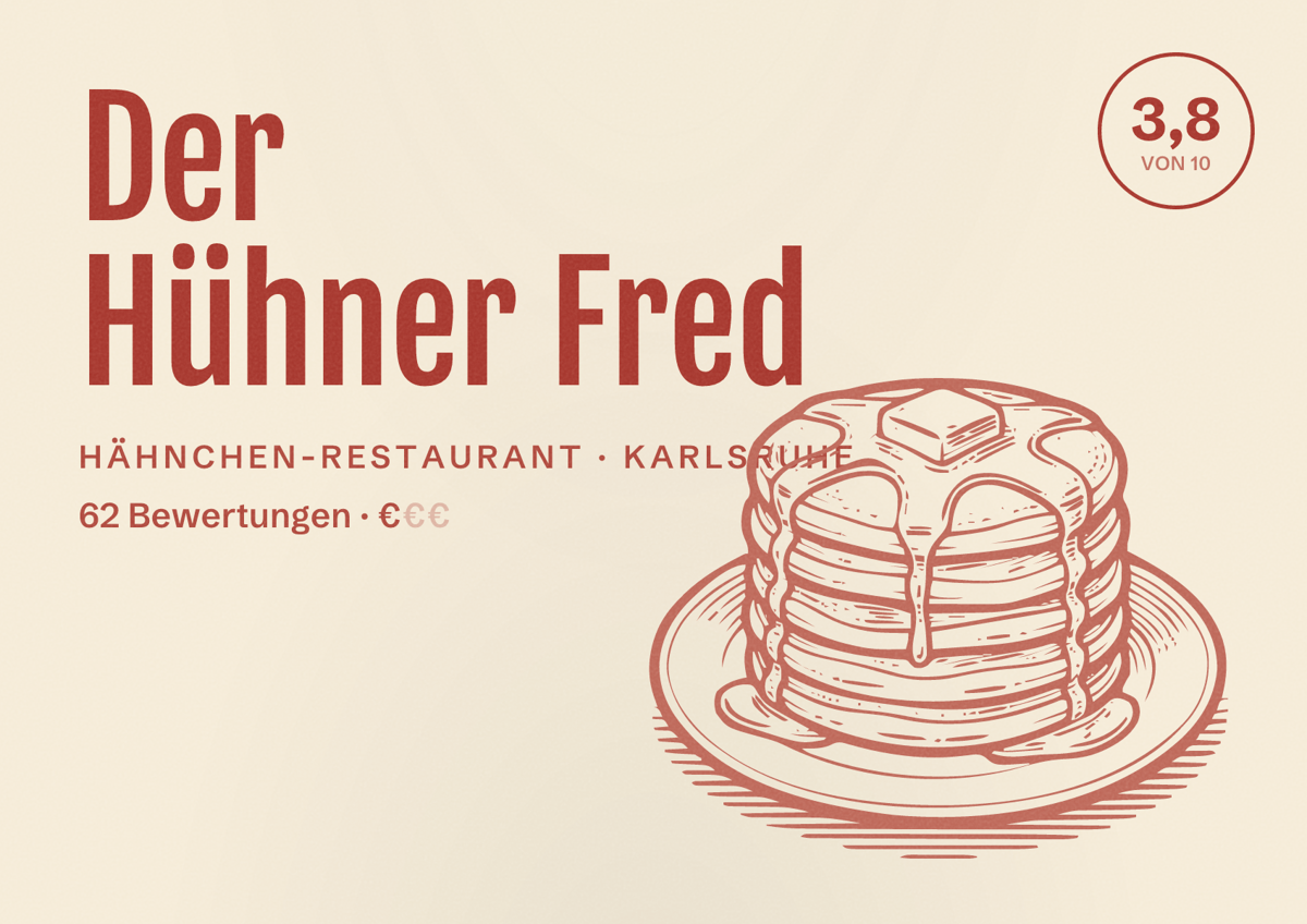Illustriertes Poster von Der Hühner Fred, Hähnchen-Restaurant in Karlsruhe: Bewertung 3,8 von 10 aus 62 Bewertungen, Preisniveau €