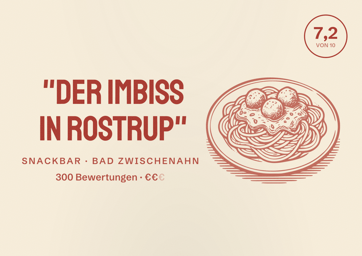 Illustriertes Poster von "Der Imbiss in Rostrup", Snackbar in Bad Zwischenahn: Bewertung 7,2 von 10 aus 300 Bewertungen, Preisniveau €€