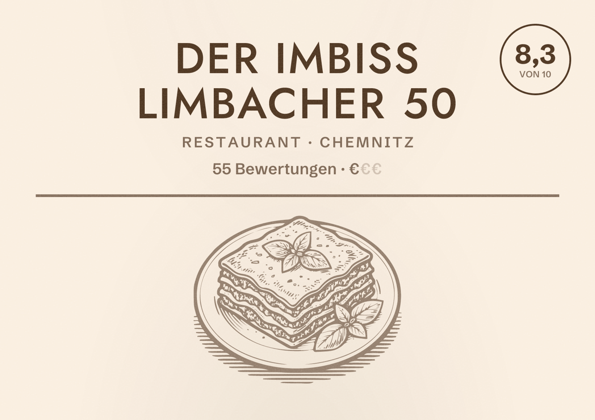 Illustriertes Poster von Der Imbiss Limbacher 50, Restaurant in Chemnitz: Bewertung 8,3 von 10 aus 55 Bewertungen, Preisniveau €