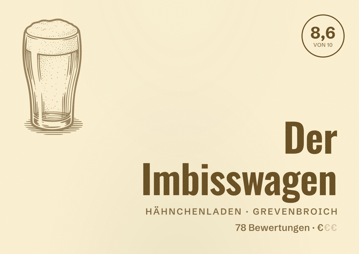 Illustriertes Poster von Der Imbisswagen, Hähnchenladen in Grevenbroich: Bewertung 8,6 von 10 aus 78 Bewertungen, Preisniveau €
