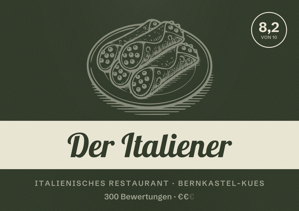 Illustriertes Poster von Der Italiener, Italienisches Restaurant in Bernkastel-Kues: Bewertung 8,2 von 10 aus 300 Bewertungen, Preisniveau €€