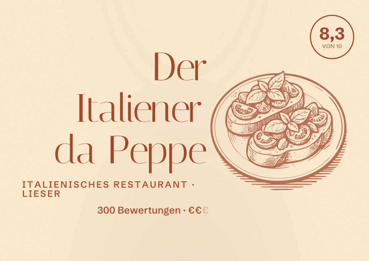 Illustriertes Poster von Der Italiener da Peppe, Italienisches Restaurant in Lieser: Bewertung 8,3 von 10 aus 300 Bewertungen, Preisniveau €€