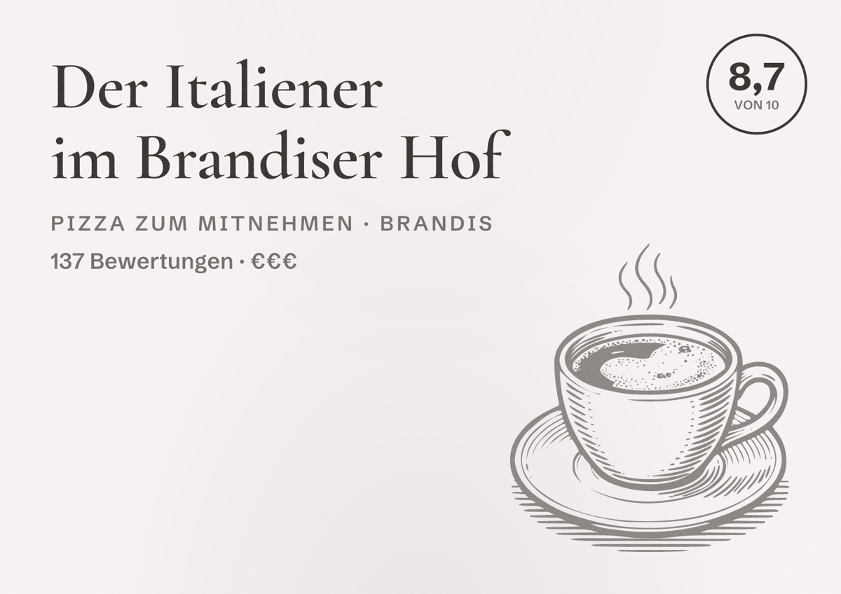 Illustriertes Poster von Der Italiener im Brandiser Hof, Pizza zum Mitnehmen in Brandis: Bewertung 8,7 von 10 aus 137 Bewertungen, Preisniveau €€€