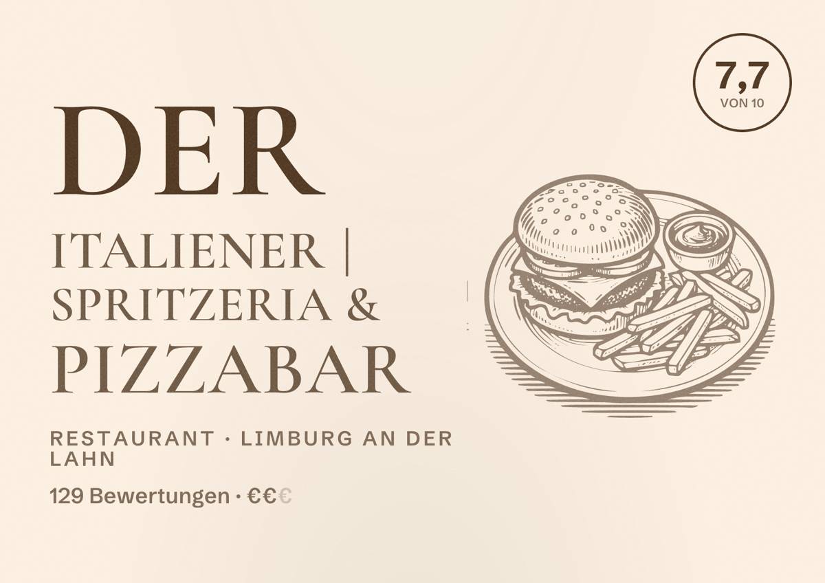 Illustriertes Poster von Der Italiener | Spritzeria & Pizzabar, Restaurant in Limburg an der Lahn: Bewertung 7,7 von 10 aus 129 Bewertungen, Preisniveau €€