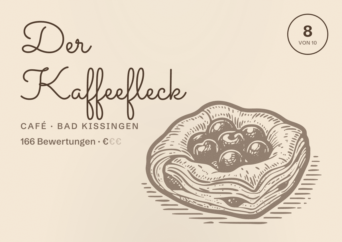 Illustriertes Poster von Der Kaffeefleck, Café in Bad Kissingen: Bewertung 8 von 10 aus 166 Bewertungen, Preisniveau €