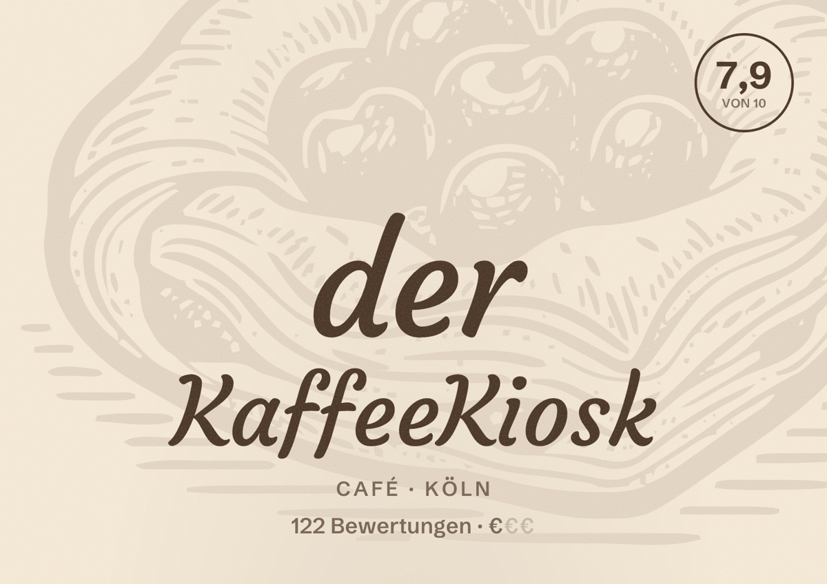 Illustriertes Poster von der KaffeeKiosk, Café in Köln: Bewertung 7,9 von 10 aus 122 Bewertungen, Preisniveau €