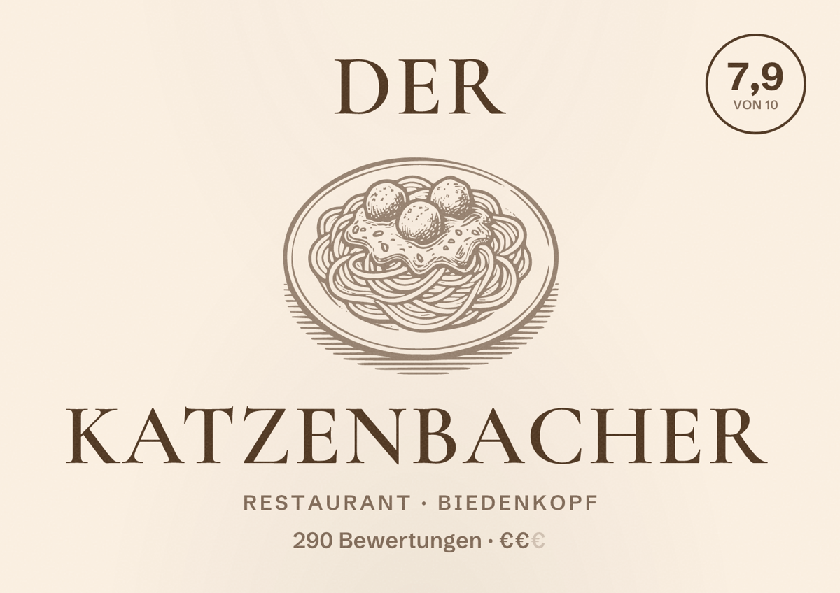 Illustriertes Poster von Der Katzenbacher, Restaurant in Biedenkopf: Bewertung 7,9 von 10 aus 290 Bewertungen, Preisniveau €€