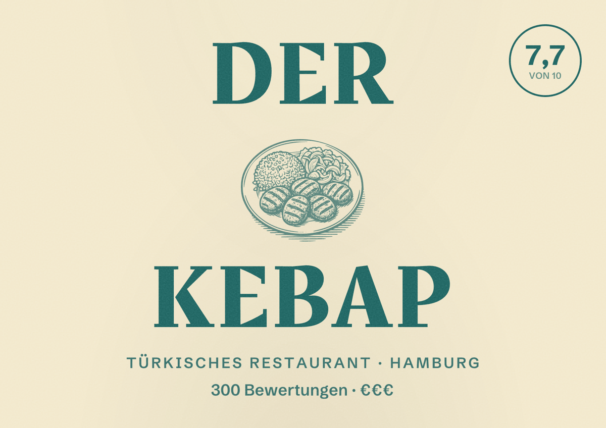 Illustriertes Poster von Der Kebap, Türkisches Restaurant in Hamburg: Bewertung 7,7 von 10 aus 300 Bewertungen, Preisniveau €€€