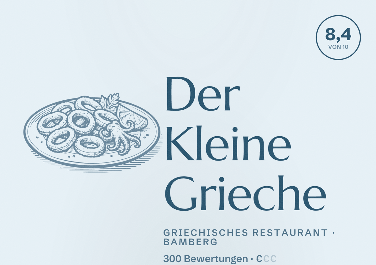 Illustriertes Poster von Der Kleine Grieche, Griechisches Restaurant in Bamberg: Bewertung 8,4 von 10 aus 300 Bewertungen, Preisniveau €