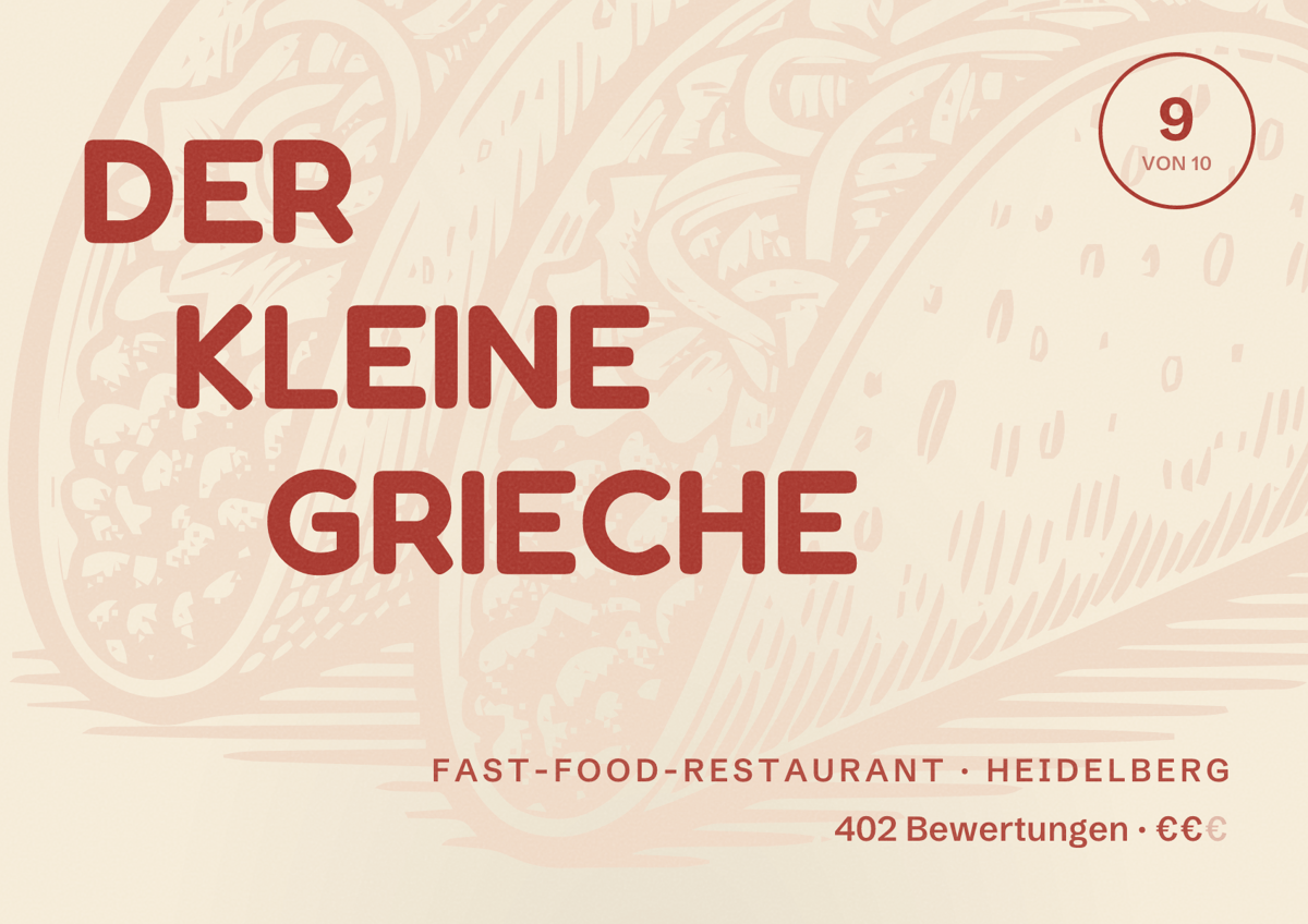 Illustriertes Poster von DER KLEINE GRIECHE, Fast-Food-Restaurant in Heidelberg: Bewertung 9,0 von 10 aus 402 Bewertungen, Preisniveau €€