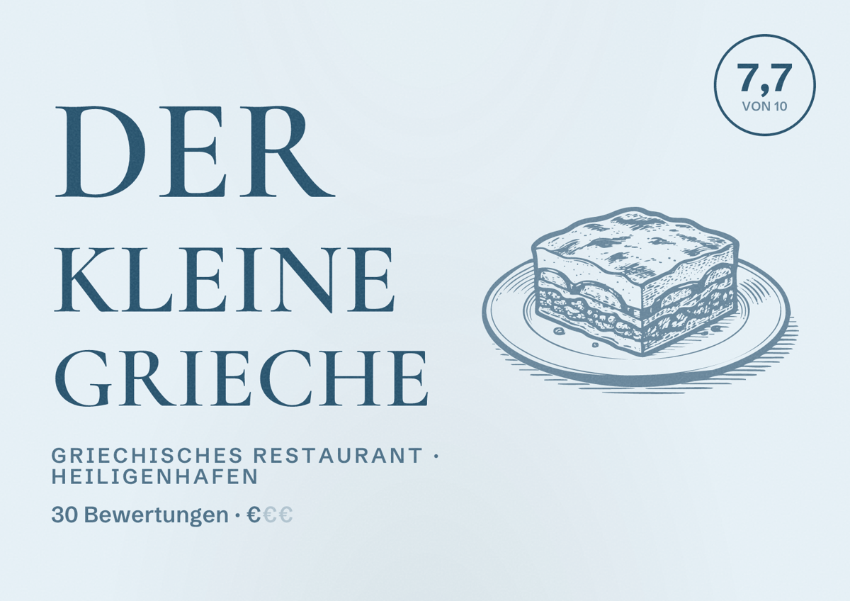Illustriertes Poster von Der kleine Grieche, Griechisches Restaurant in Heiligenhafen: Bewertung 7,7 von 10 aus 30 Bewertungen, Preisniveau €