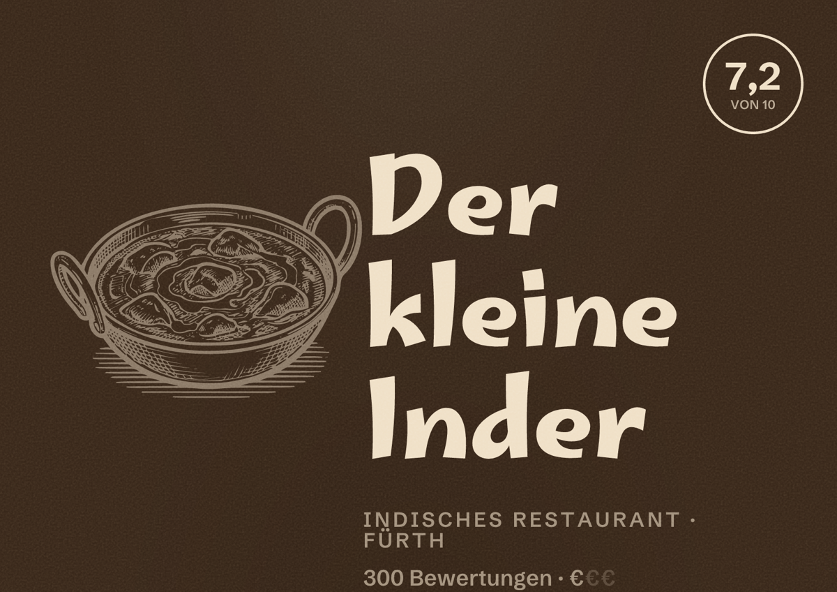 Illustriertes Poster von Der kleine Inder, Indisches Restaurant in Fürth: Bewertung 7,2 von 10 aus 300 Bewertungen, Preisniveau €