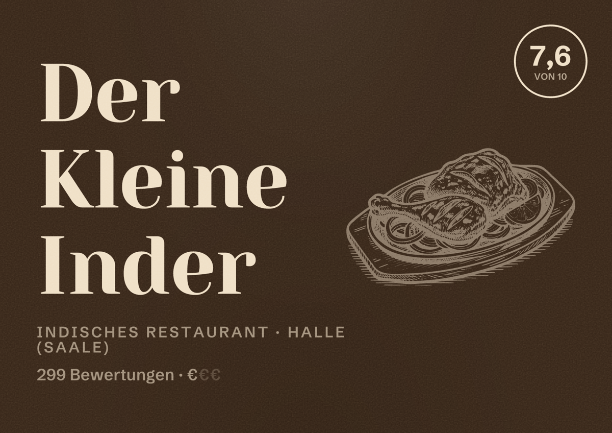 Illustriertes Poster von Der Kleine Inder, Indisches Restaurant in Halle (Saale): Bewertung 7,6 von 10 aus 299 Bewertungen, Preisniveau €