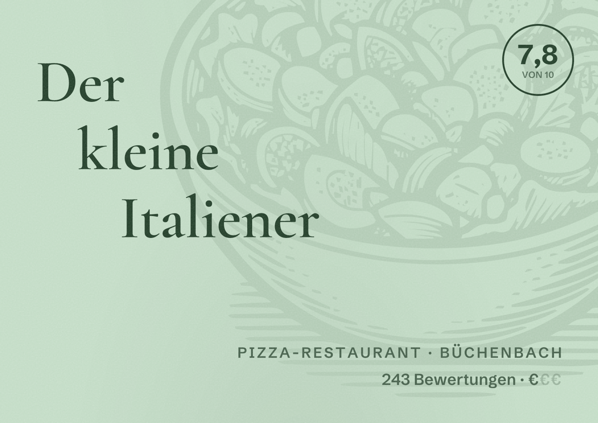 Illustriertes Poster von Der kleine Italiener, Pizza-Restaurant in Büchenbach: Bewertung 7,8 von 10 aus 243 Bewertungen, Preisniveau €