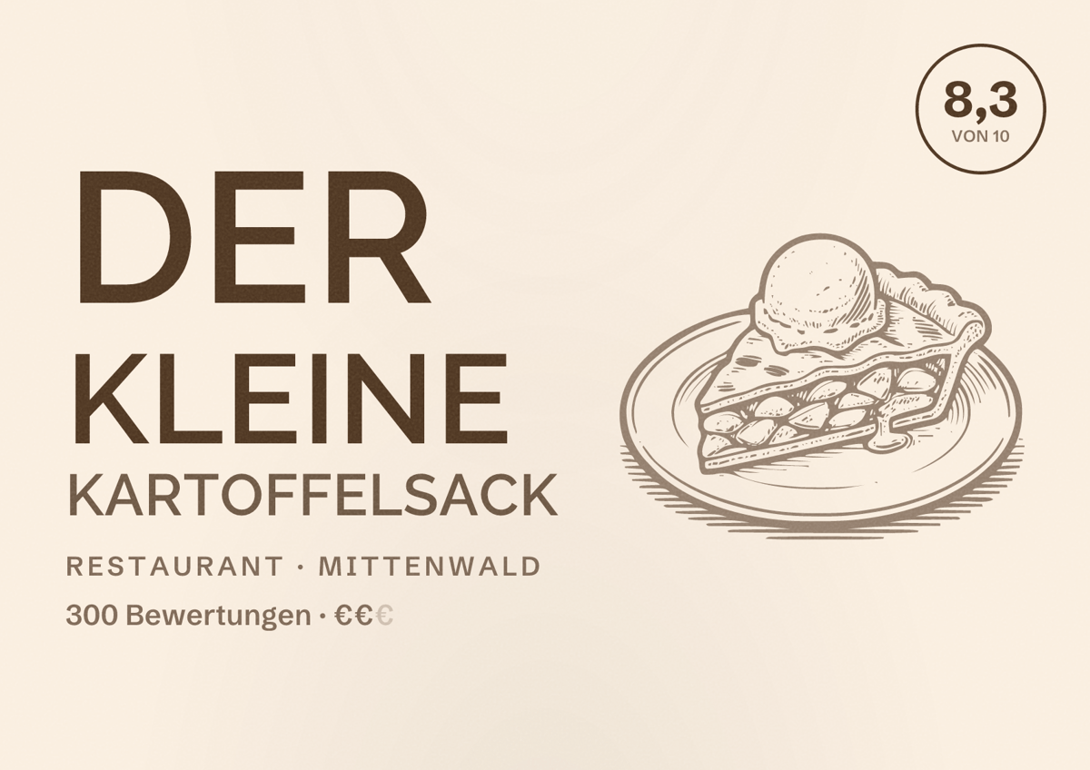 Illustriertes Poster von Der kleine Kartoffelsack, Restaurant in Mittenwald: Bewertung 8,3 von 10 aus 300 Bewertungen, Preisniveau €€