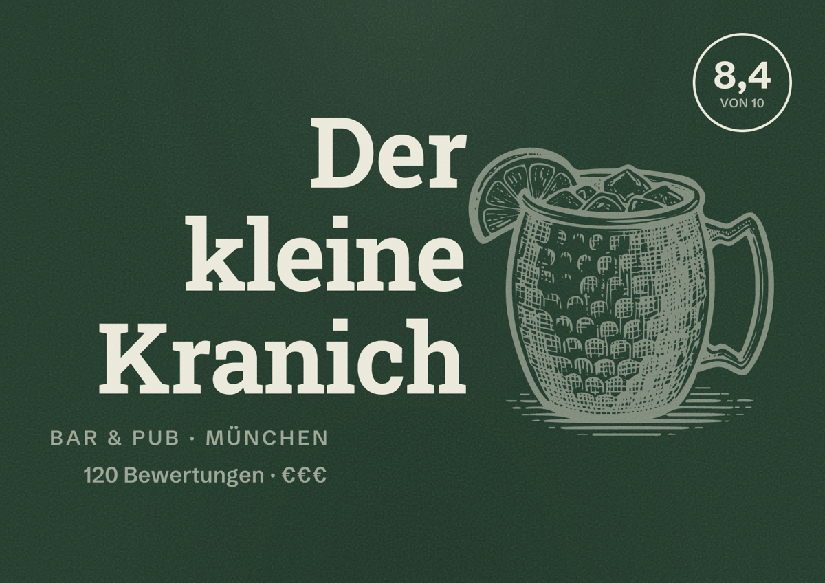 Illustriertes Poster von Der kleine Kranich, Bar & Pub in München: Bewertung 8,4 von 10 aus 120 Bewertungen, Preisniveau €€€