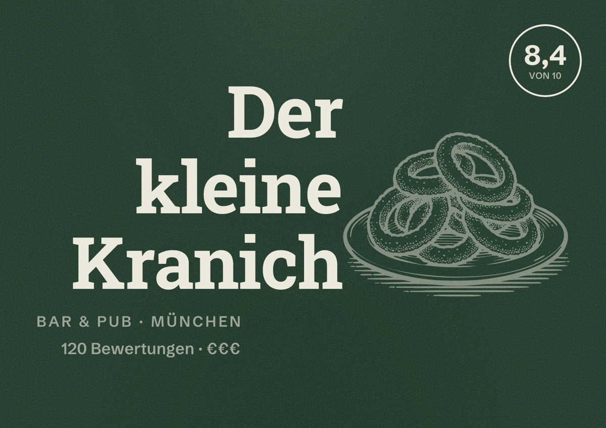 Illustriertes Poster von Der kleine Kranich, Bar & Pub in München: Bewertung 8,4 von 10 aus 120 Bewertungen, Preisniveau €€€