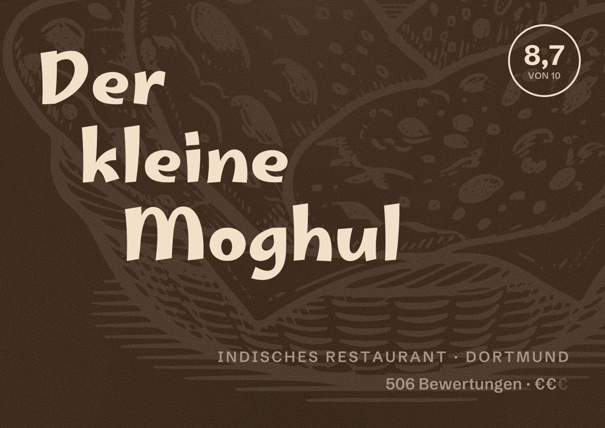 Illustriertes Poster von Der kleine Moghul, Indisches Restaurant in Dortmund: Bewertung 8,7 von 10 aus 506 Bewertungen, Preisniveau €€