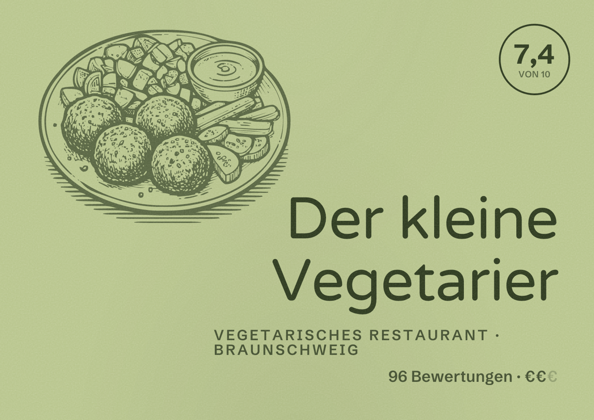 Illustriertes Poster von Der kleine Vegetarier, Vegetarisches Restaurant in Braunschweig: Bewertung 7,4 von 10 aus 96 Bewertungen, Preisniveau €€