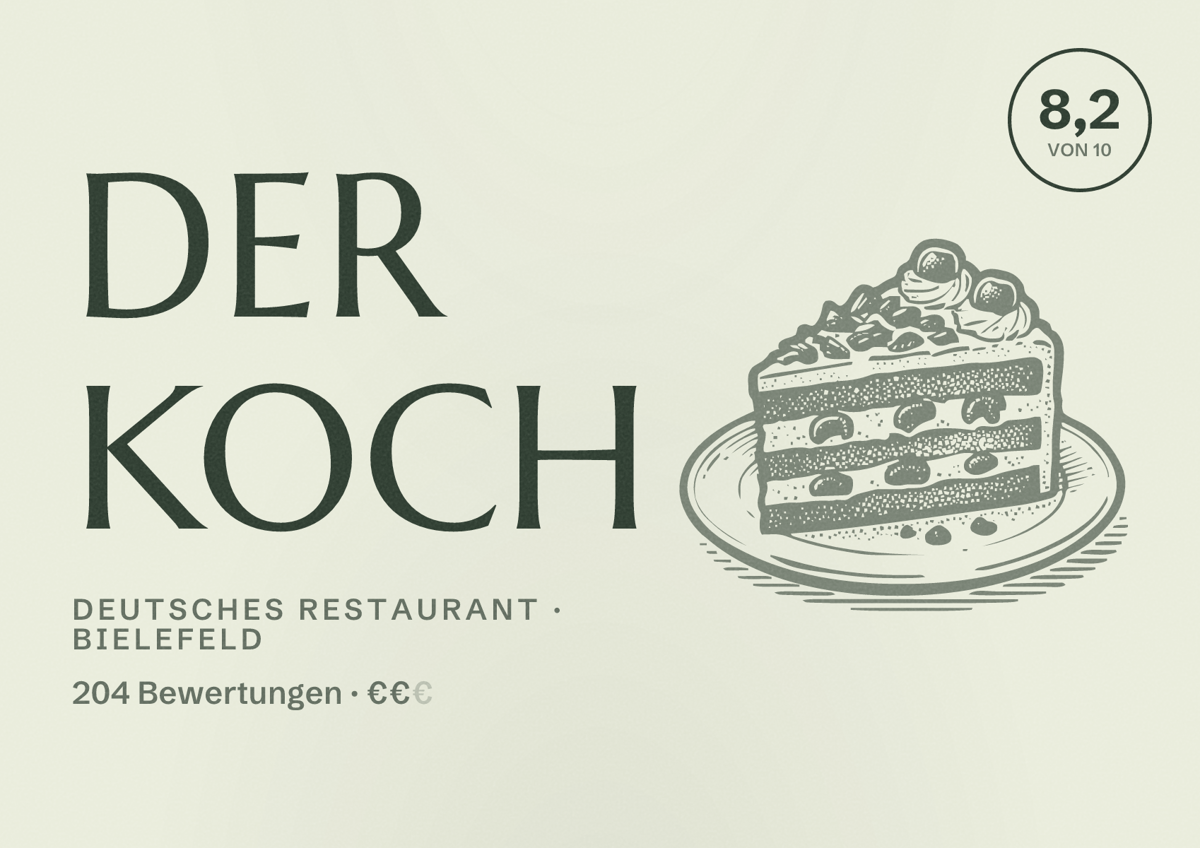 Illustriertes Poster von Der Koch, Deutsches Restaurant in Bielefeld: Bewertung 8,2 von 10 aus 204 Bewertungen, Preisniveau €€