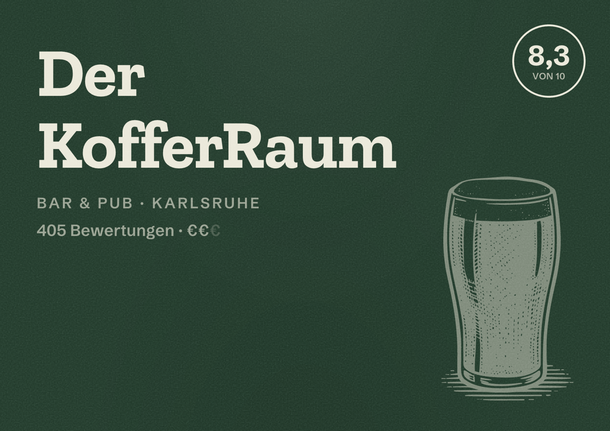Illustriertes Poster von Der KofferRaum, Bar & Pub in Karlsruhe: Bewertung 8,3 von 10 aus 405 Bewertungen, Preisniveau €€
