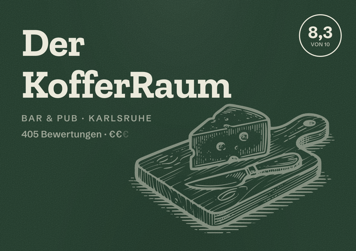 Illustriertes Poster von Der KofferRaum, Bar & Pub in Karlsruhe: Bewertung 8,3 von 10 aus 405 Bewertungen, Preisniveau €€