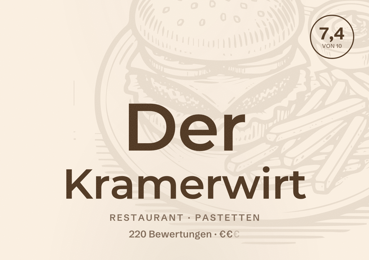 Illustriertes Poster von Der Kramerwirt, Restaurant in Pastetten: Bewertung 7,4 von 10 aus 220 Bewertungen, Preisniveau €€
