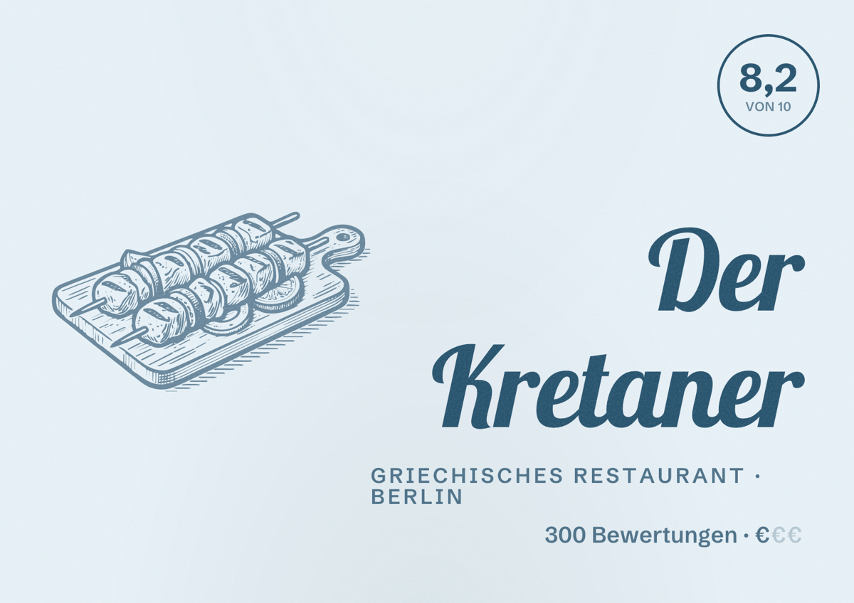 Illustriertes Poster von Der Kretaner, Griechisches Restaurant in Berlin: Bewertung 8,2 von 10 aus 300 Bewertungen, Preisniveau €