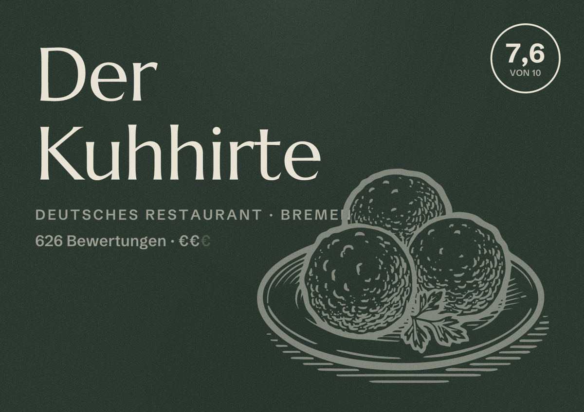 Illustriertes Poster von Der Kuhhirte, Deutsches Restaurant in Bremen: Bewertung 7,6 von 10 aus 626 Bewertungen, Preisniveau €€