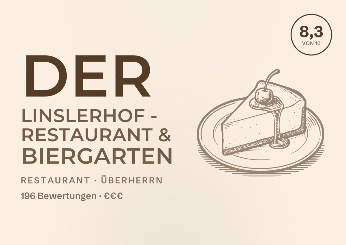 Illustriertes Poster von Der Linslerhof - Restaurant & Biergarten, Restaurant in Überherrn: Bewertung 8,3 von 10 aus 196 Bewertungen, Preisniveau €€€