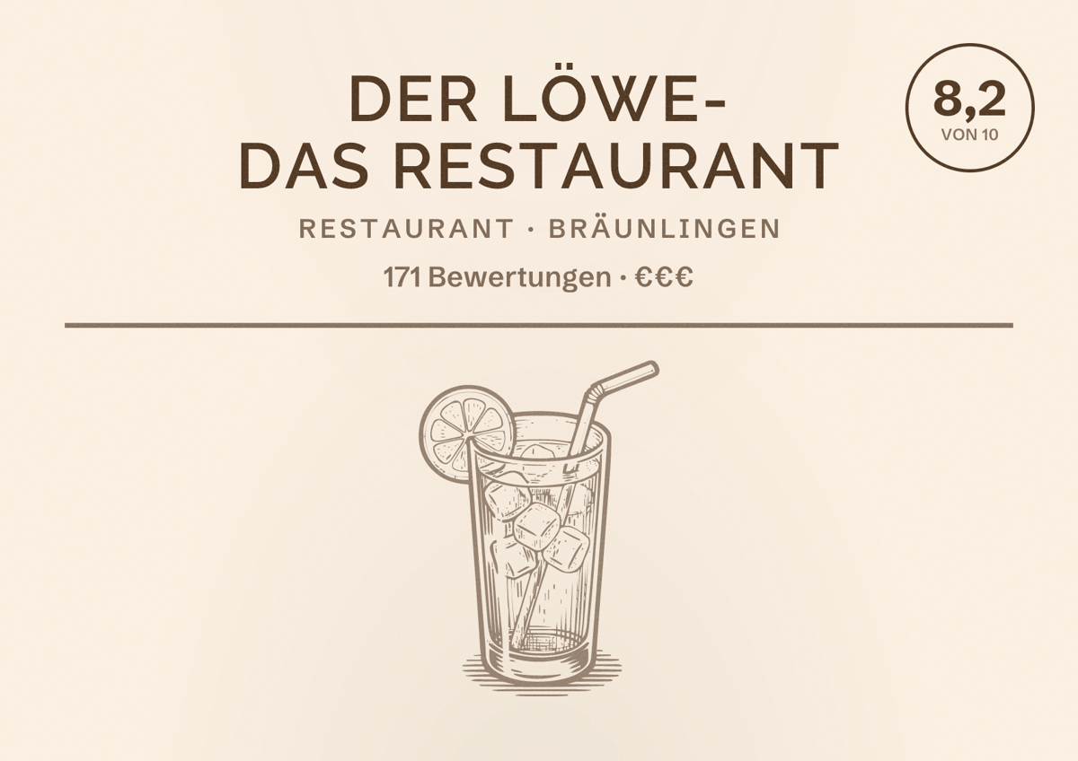 Illustriertes Poster von Der Löwe- Das Restaurant, Restaurant in Bräunlingen: Bewertung 8,2 von 10 aus 171 Bewertungen, Preisniveau €€€