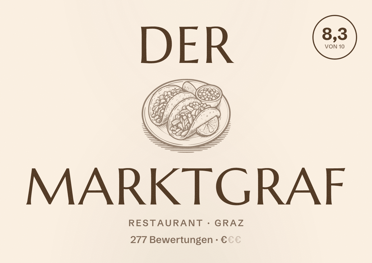 Illustriertes Poster von der Marktgraf, Restaurant in Graz: Bewertung 8,3 von 10 aus 277 Bewertungen, Preisniveau €
