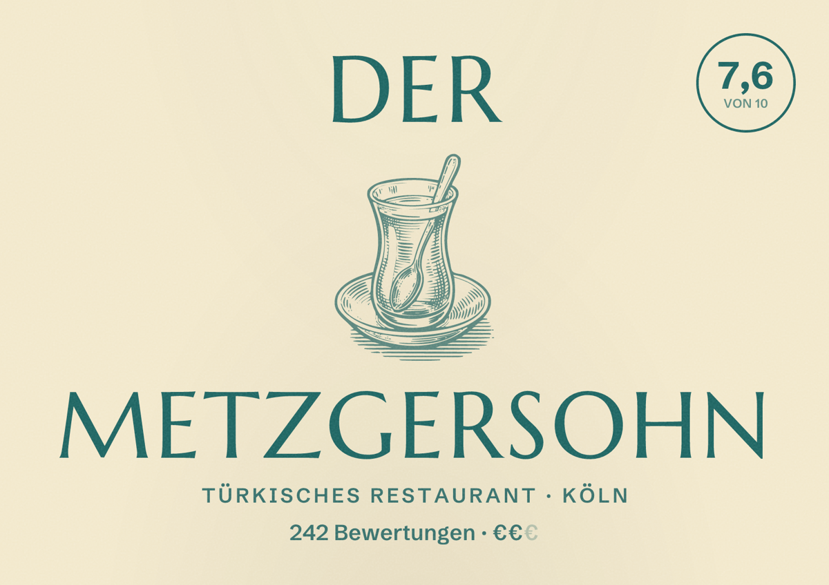 Illustriertes Poster von Der Metzgersohn, Türkisches Restaurant in Köln: Bewertung 7,6 von 10 aus 242 Bewertungen, Preisniveau €€