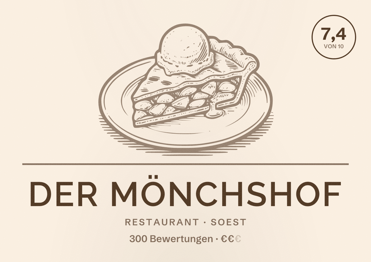 Illustriertes Poster von Der Mönchshof, Restaurant in Soest: Bewertung 7,4 von 10 aus 300 Bewertungen, Preisniveau €€