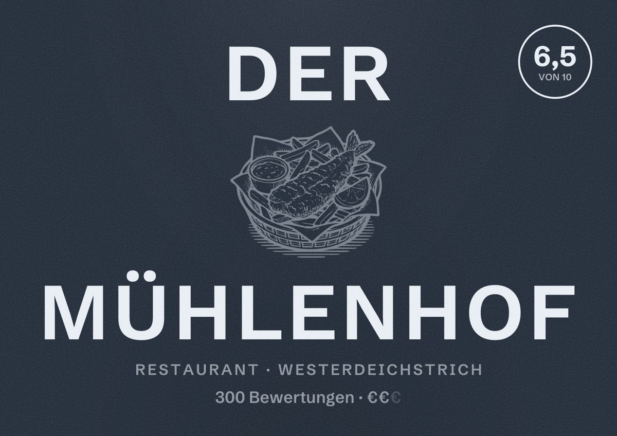 Illustriertes Poster von Der Mühlenhof, Restaurant in Westerdeichstrich: Bewertung 6,5 von 10 aus 300 Bewertungen, Preisniveau €€