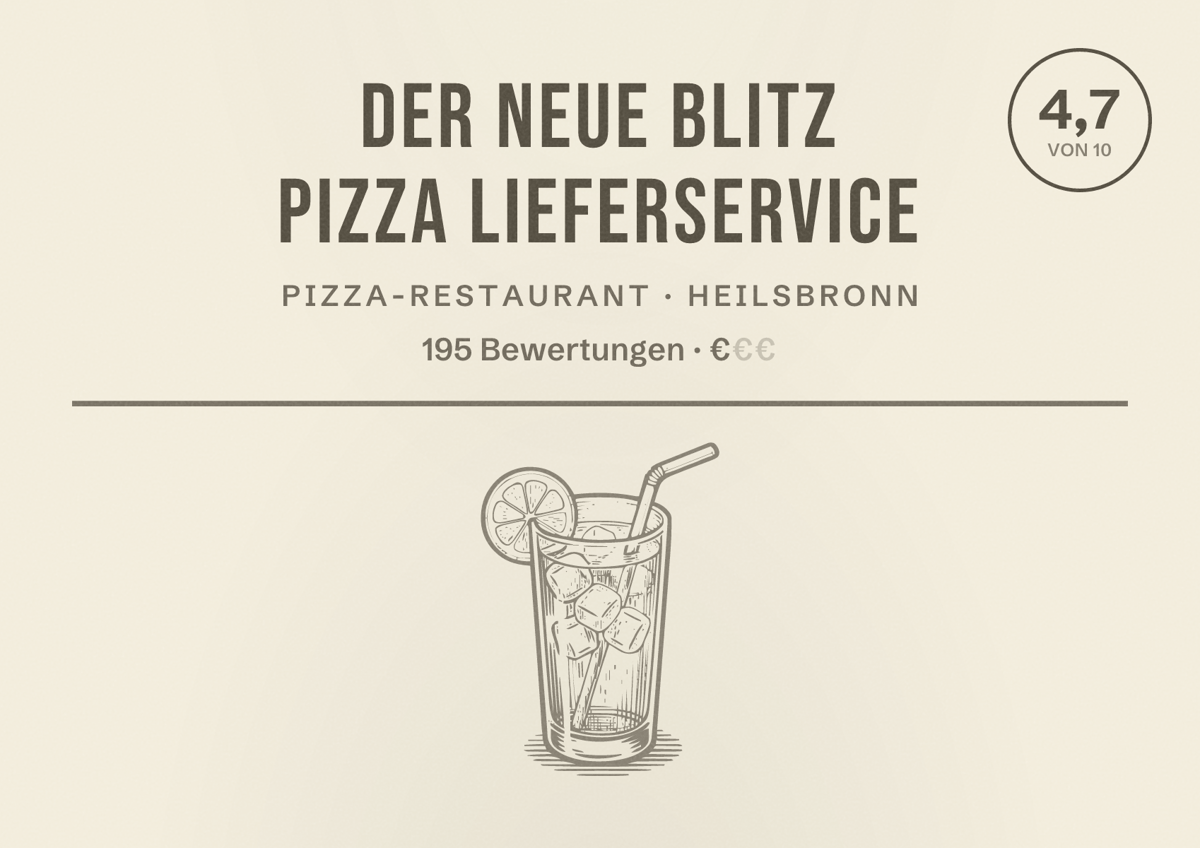 Illustriertes Poster von Der Neue Blitz Pizza Lieferservice, Pizza-Restaurant in Heilsbronn: Bewertung 4,7 von 10 aus 195 Bewertungen, Preisniveau €