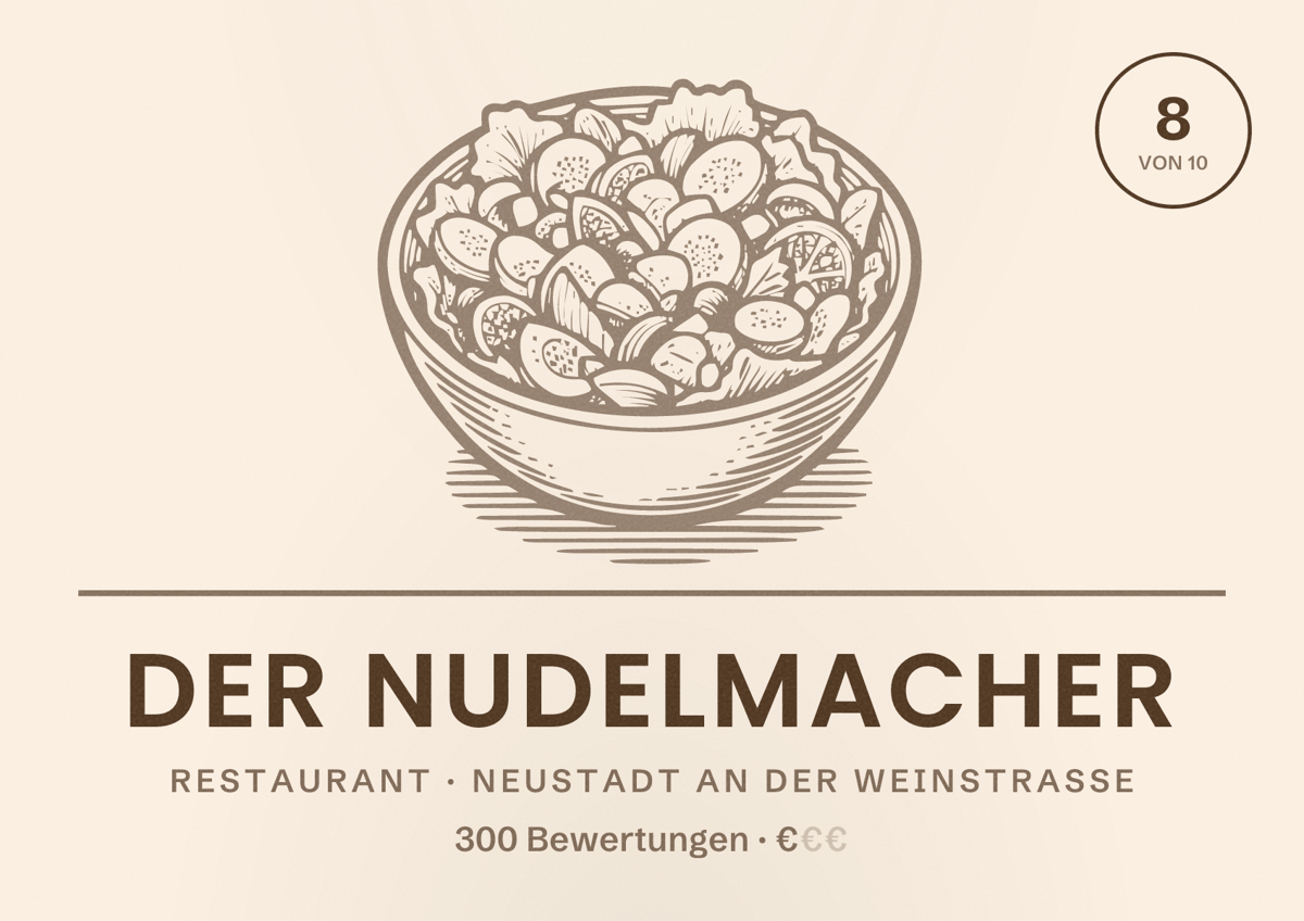 Illustriertes Poster von Der Nudelmacher, Restaurant in Neustadt an der Weinstraße: Bewertung 8 von 10 aus 300 Bewertungen, Preisniveau €