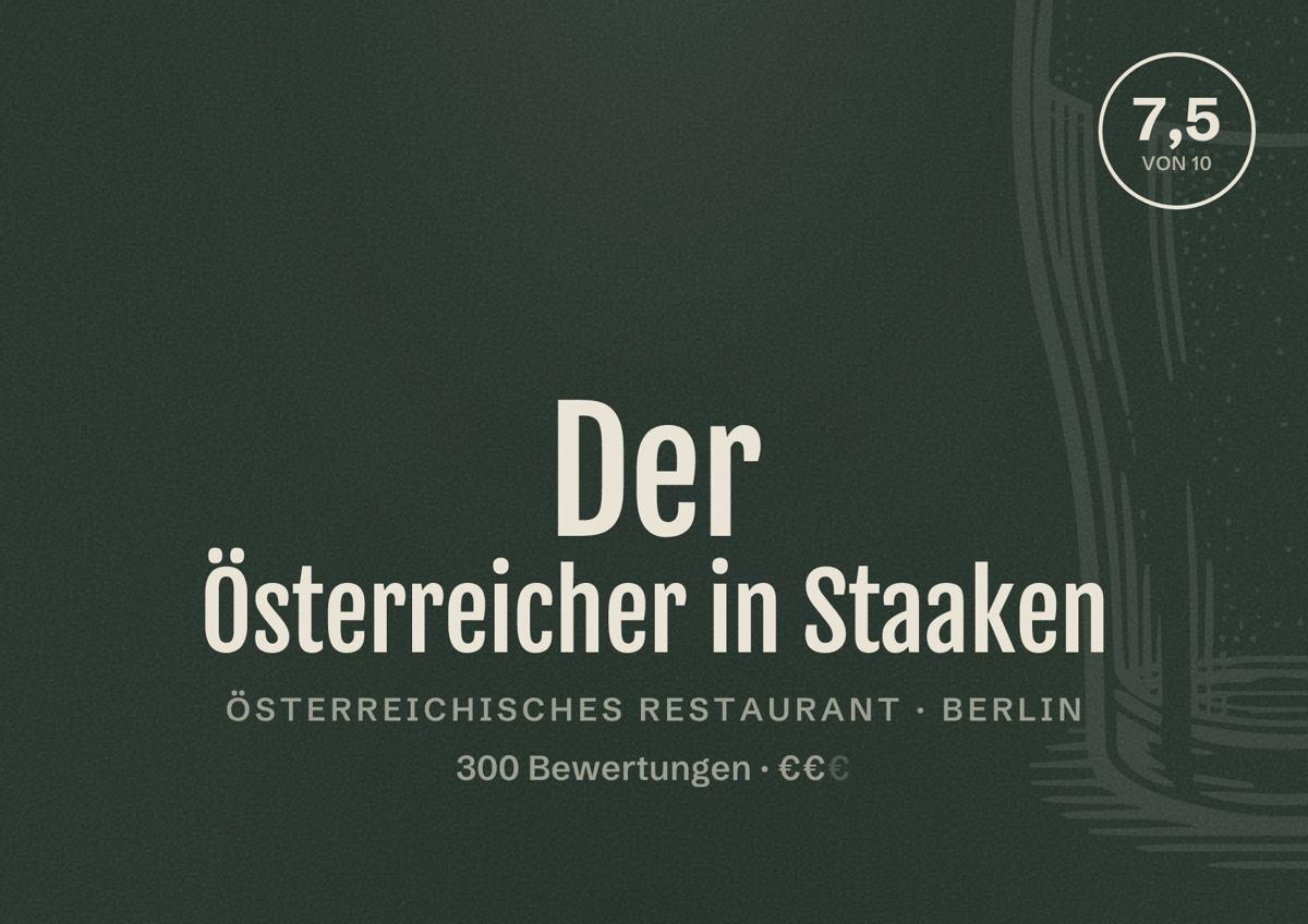 Illustriertes Poster von Der Österreicher in Staaken, Österreichisches Restaurant in Berlin: Bewertung 7,5 von 10 aus 300 Bewertungen, Preisniveau €€