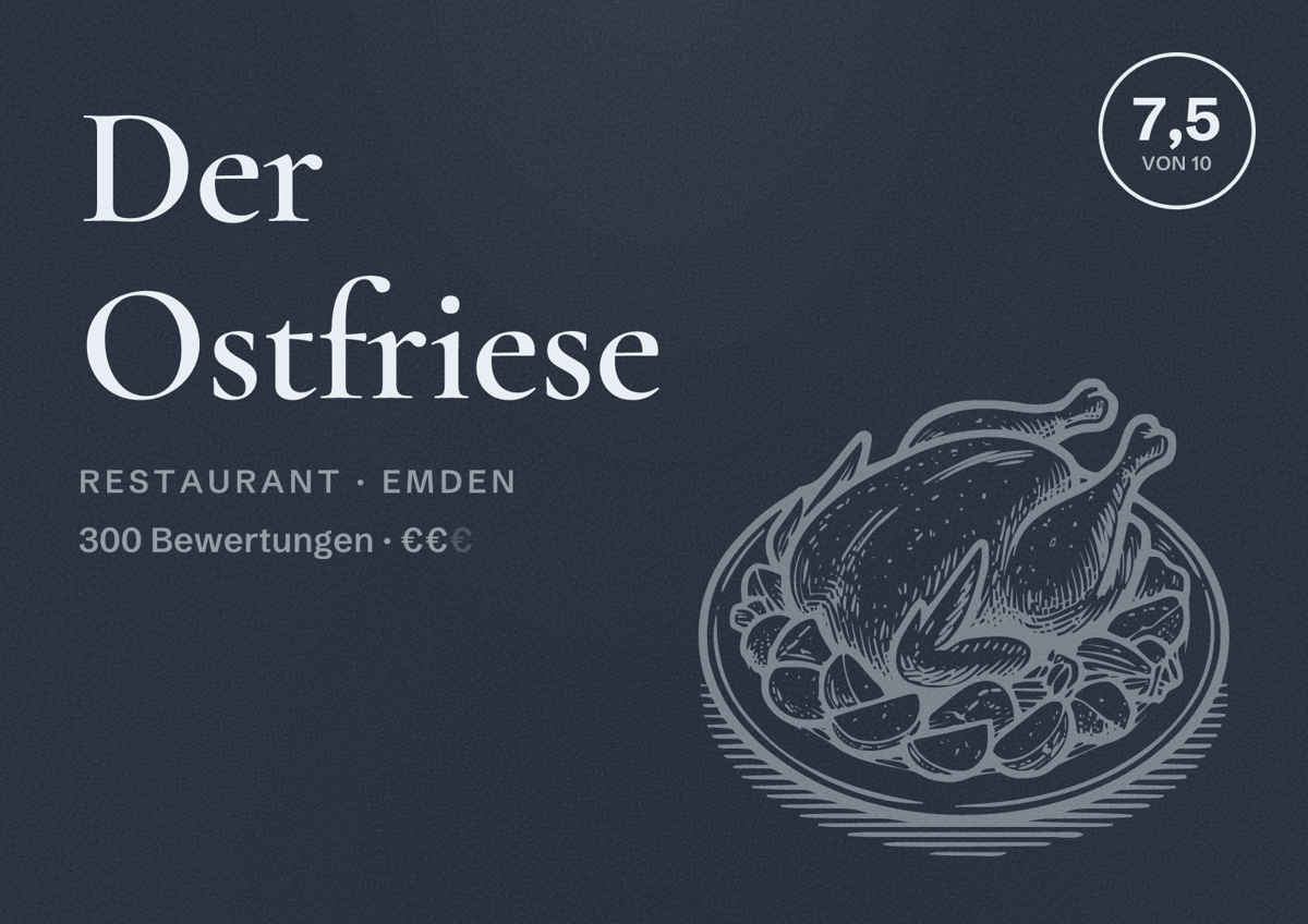 Illustriertes Poster von Der Ostfriese, Restaurant in Emden: Bewertung 7,5 von 10 aus 300 Bewertungen, Preisniveau €€