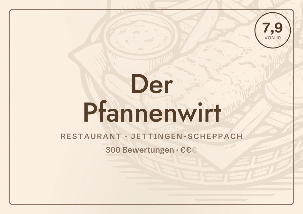 Illustriertes Poster von Der Pfannenwirt, Restaurant in Jettingen-Scheppach: Bewertung 7,9 von 10 aus 300 Bewertungen, Preisniveau €€